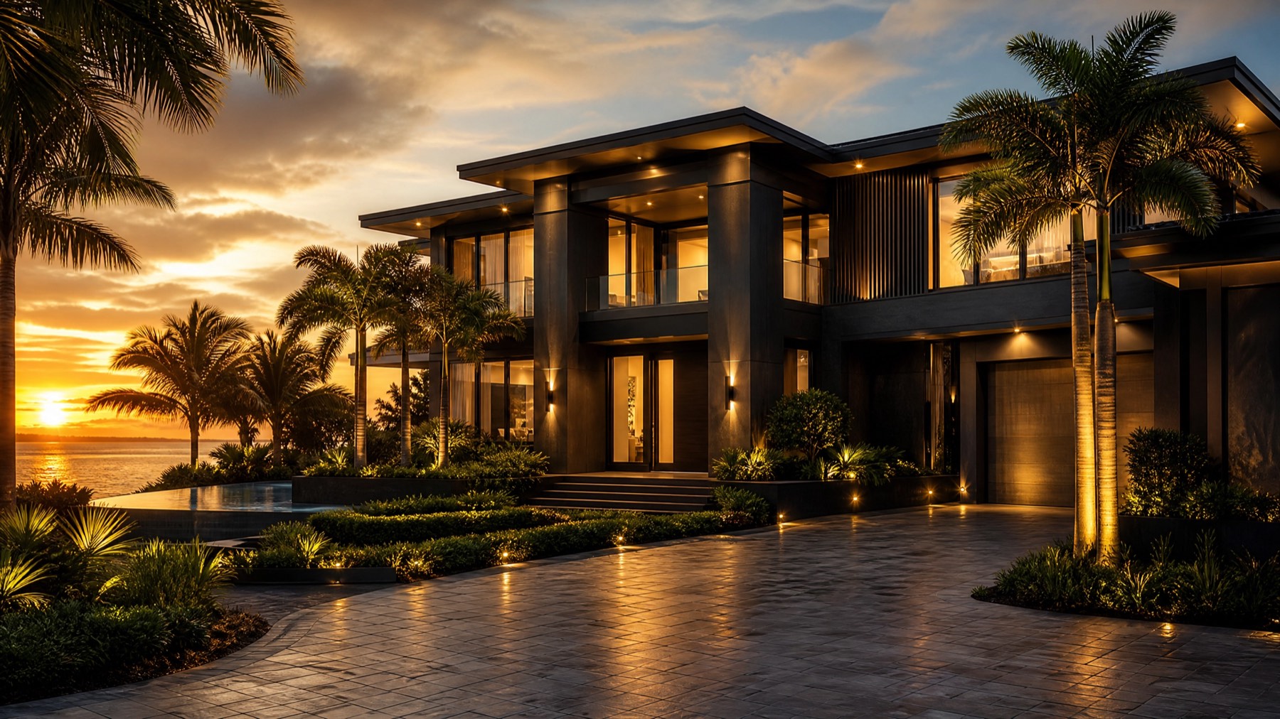 Luxury waterfront mansion at sunset with palm trees and a lit entrance